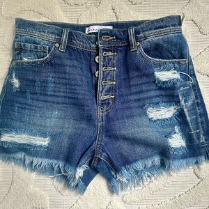 KanCan Women's Dark Blue Frayed Jean Shorts